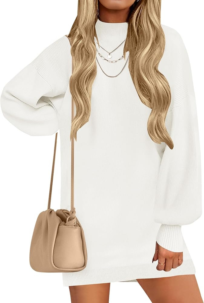 ZESICA Women's 2024 Fall Turtleneck Sweaters Dress Oversized Long Lantern Sleeve Casual Knit Pull... | Amazon (US)