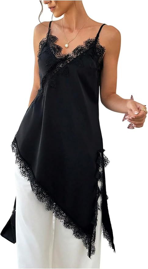 BEAUDRM Women's Y2k Satin Lace Trim Cami Tops Spaghetti Strap V Neck Asymmetrical Going Out Camis... | Amazon (US)