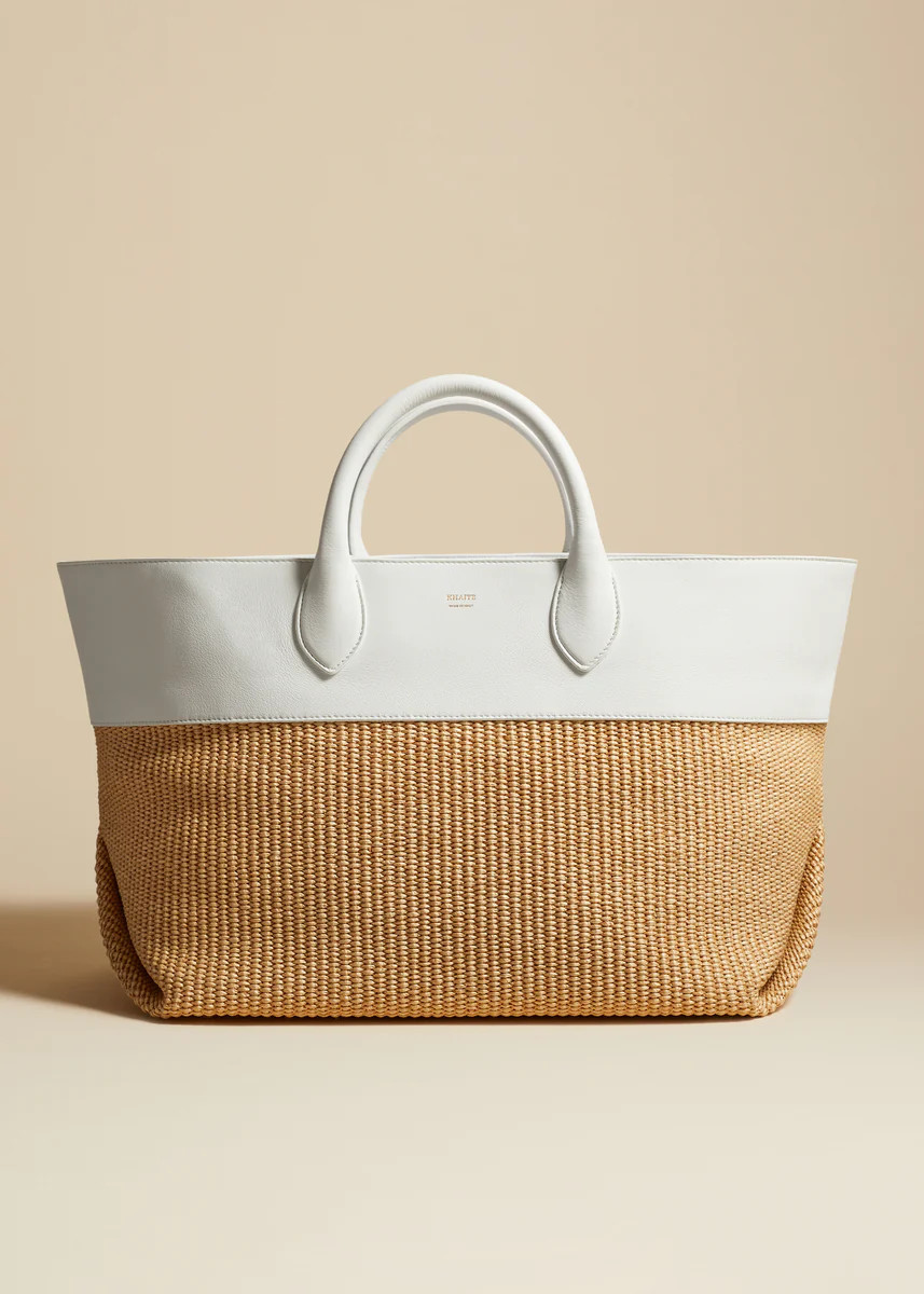 The Medium Amelia Tote in Natural Raffia and Off White Leather | Khaite