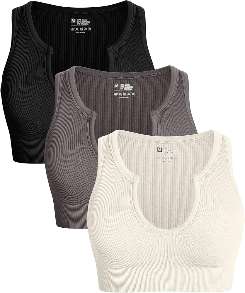 OQQ Women's 3 Piece Medium Support Crop Top Seamless Ribbed Removable Cups Workout Yoga Sport Bra | Amazon (US)