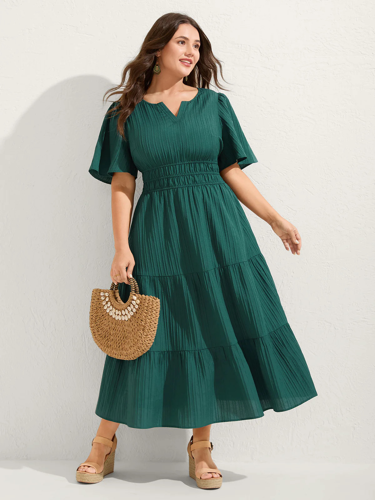 Textured Shirred Cinched Waist Maxi Dress | Bloomchic