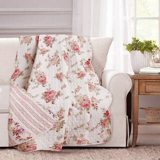 Romantic Cottage Peachy Pink Peony Shabby Chic Chintz Floral Stripe Cotton Throw Blanket | The Home Depot