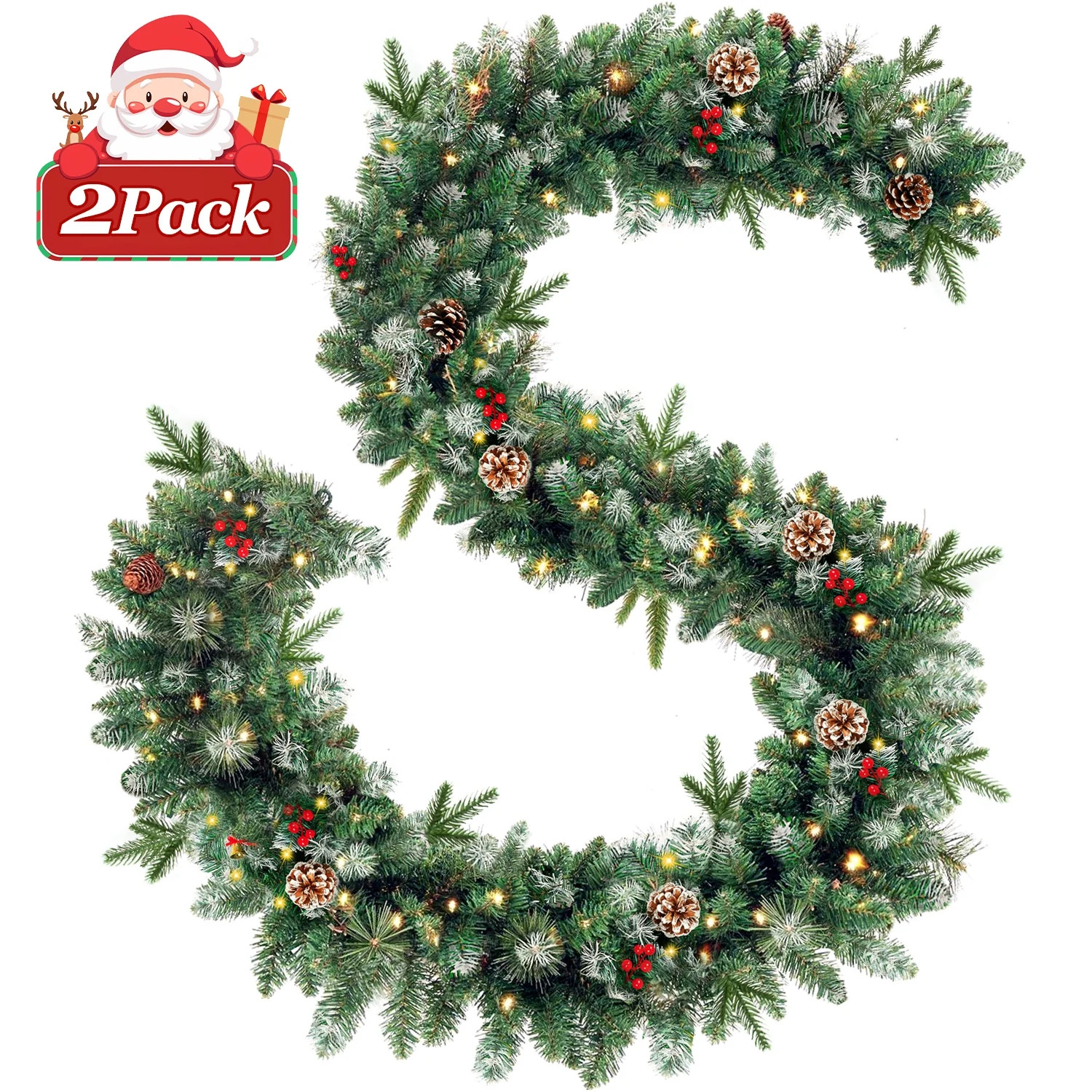 2 Pack 9ft Pre-Lit Christmas Garland with Warm White LED Lights, 8 Modes, Red Berries and Frosted... | Walmart (US)