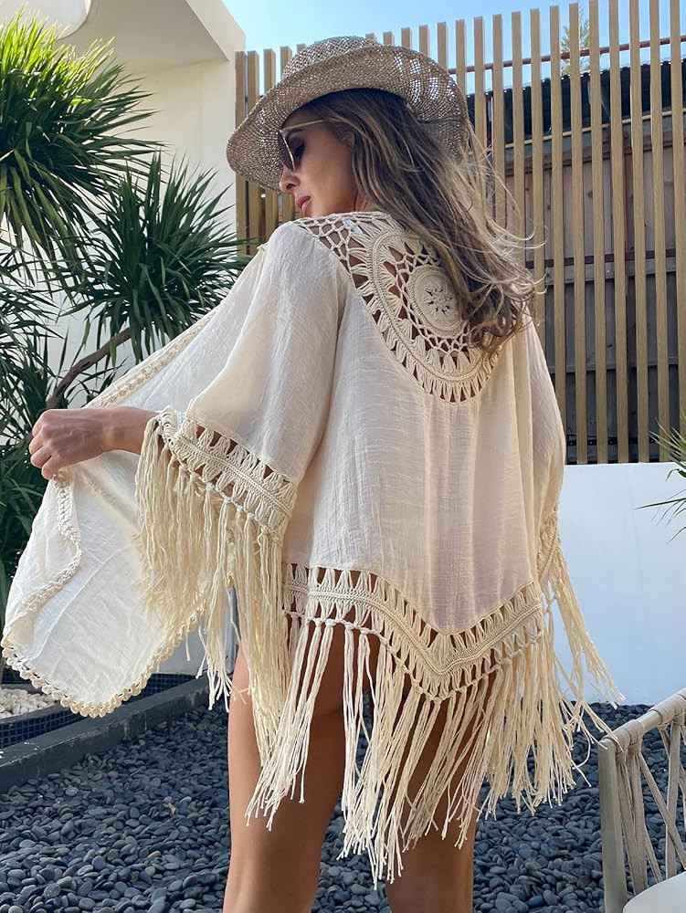 OYOANGLE Women's Beach Fringe Hem Boho Swimsuit Kimono Casual Cover up | Amazon (US)