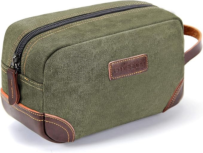 Men's Leather and Canvas Travel Toiletry Dopp Kit, Shaving Bag (Dark Green) | Amazon (US)