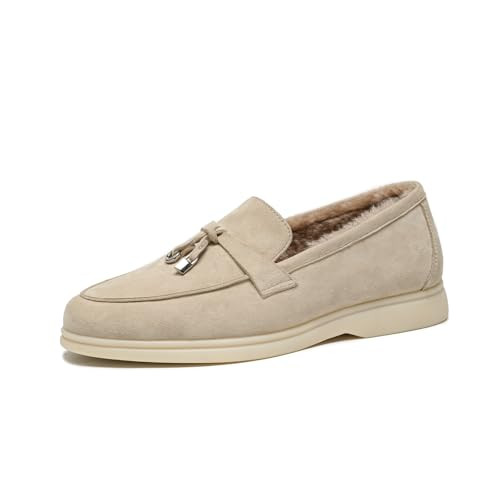 BEAU TODAY Suede Winter Loafers for Women, Warm Fur Lined Slip On Loafer Flats, Casual Driving Loafers Shoes Comfortable Dressy Business Non-Slip Office Work Ladies Shoes Apricot US 6 | Amazon (US)