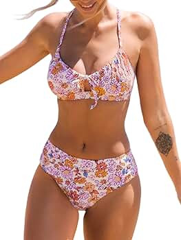CUPSHE Women Bikini Set Two Piece Swimsuits Mid Waisted Bottom Floral Crisscross Back Tie Scoop N... | Amazon (US)