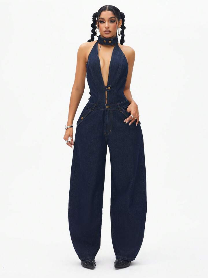 Jeanoix Street Style Deep V-Open Raw Denim Jumpsuit For Women | SHEIN