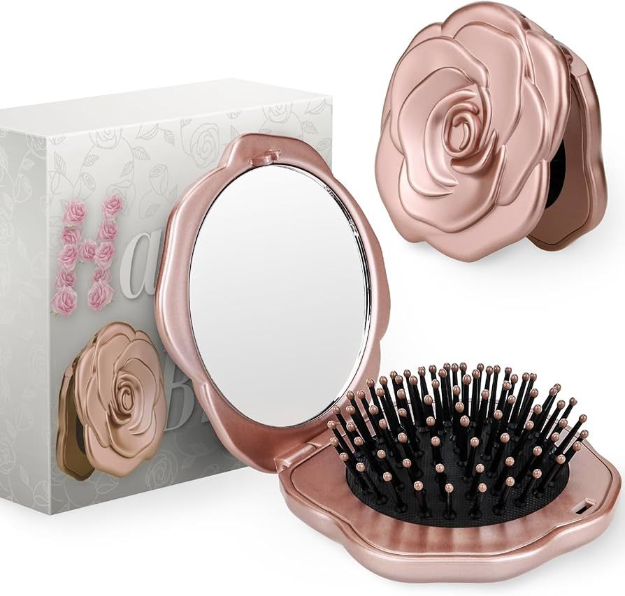 Travel Folding Hair Brush, Roses Mini Pocket Mirror Brush Easy to Carry for Small Spaces Nylon Br... | Amazon (US)