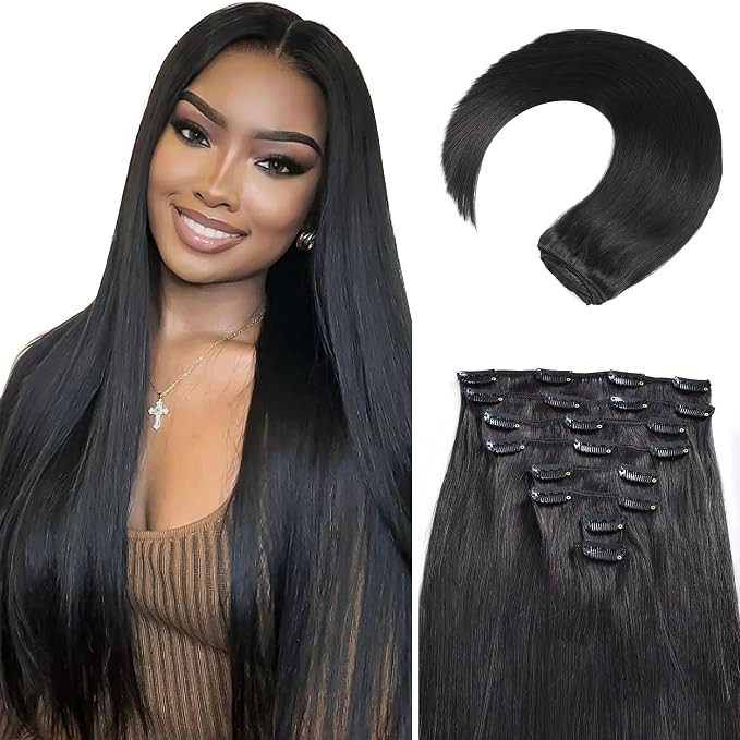 Clip in Hair Extensions Real Human Hair, 20 Inch 105g/3.7oz, 1B Natural Black, Invisible Seamless... | Amazon (US)