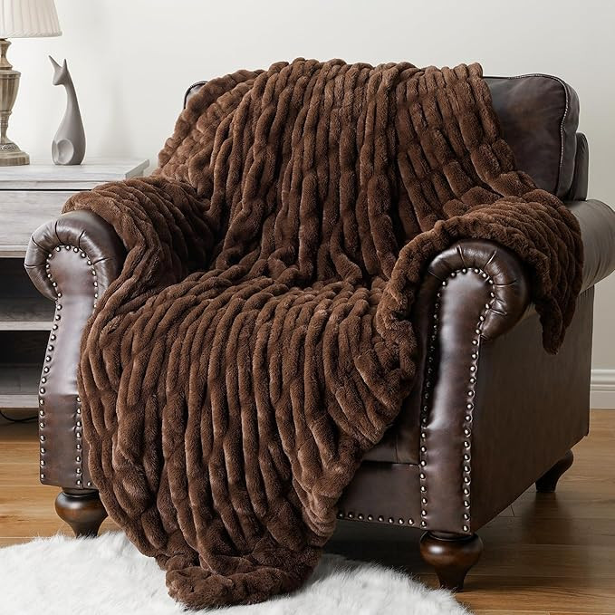 BATTILO HOME Rust Brown Faux Fur Throw Blanket for Bed, Large Double Side Reversible Ruched Rabbi... | Amazon (US)