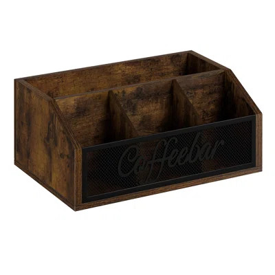 Vintage Brown Wooden Coffee Bar Organizer – 4-Compartment Coffee Station With Iron Mesh Design For Home, Office, And Kitchen Countertops | Wayfair Professional