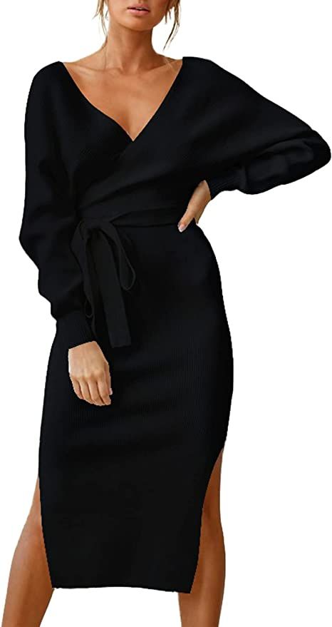 Cutiefox Women's Elegant V Neck Wrap Sweater Dress Long Sleeve Bodycon Knit Midi Dress with Belte... | Amazon (US)