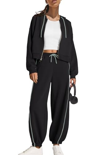 Panadila Womens Sweatsuits 2 Piece Set Zip Up Hoodie and Barrel Sweatpants Piping Sweatshirt Tracksuit Lounge Set (Black,S) | Amazon (US)