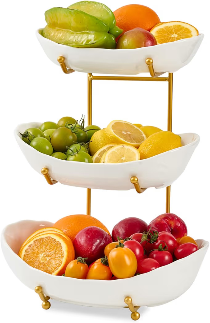 Fruit Bowl for Kitchen Counter,3 Tier Fruit Holder with Gold Metal Stand, Tiered Fruit Basket for... | Amazon (US)