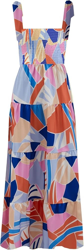 kinstell Women's Summer Boho Spaghetti Strap Square Neck Ruffle Casual Flowy Long Dress Beach Swi... | Amazon (US)