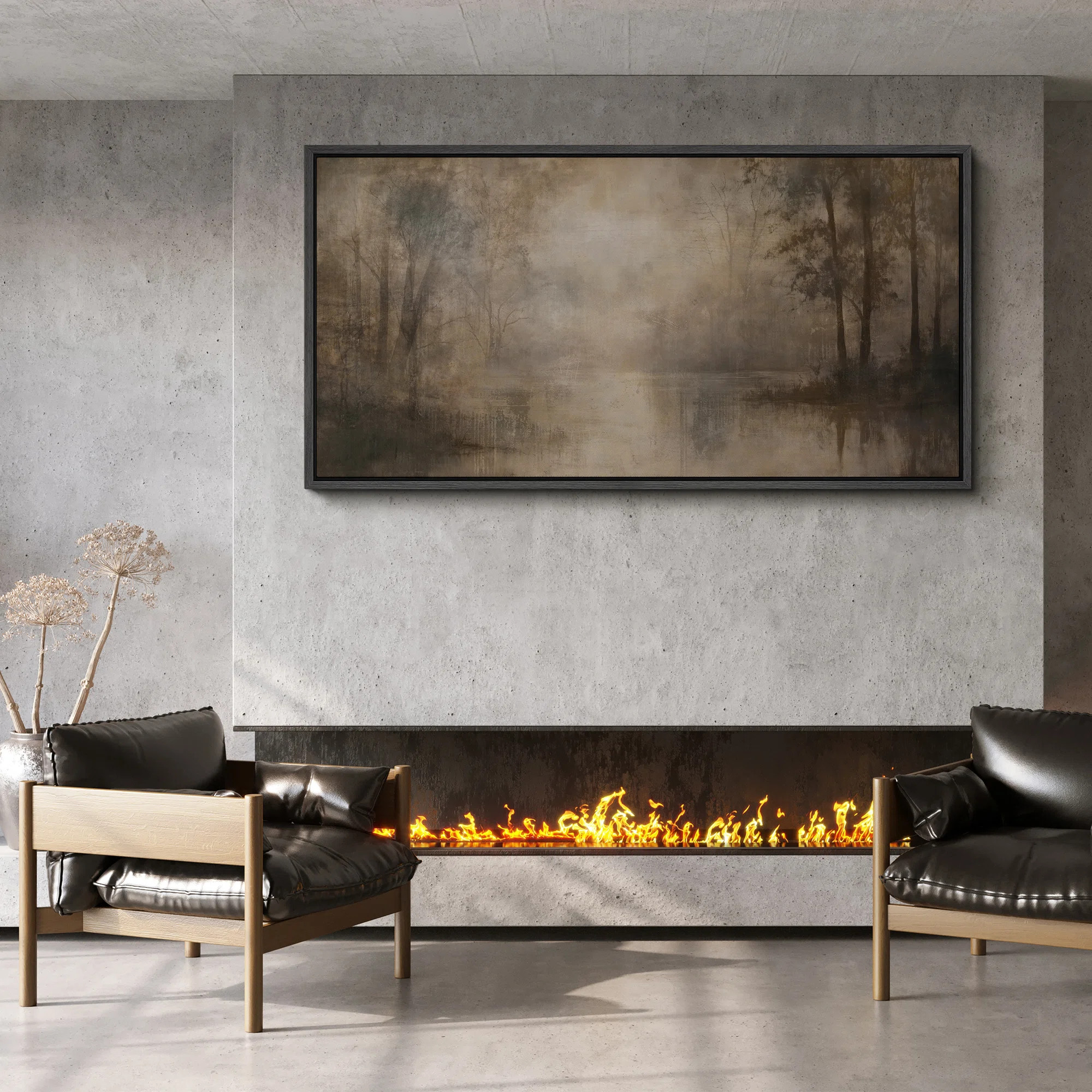 Misty Forest River Scene Framed Canvas Wall Art - Moody Neutral Nature Landscape for Rustic or Tr... | Wayfair North America