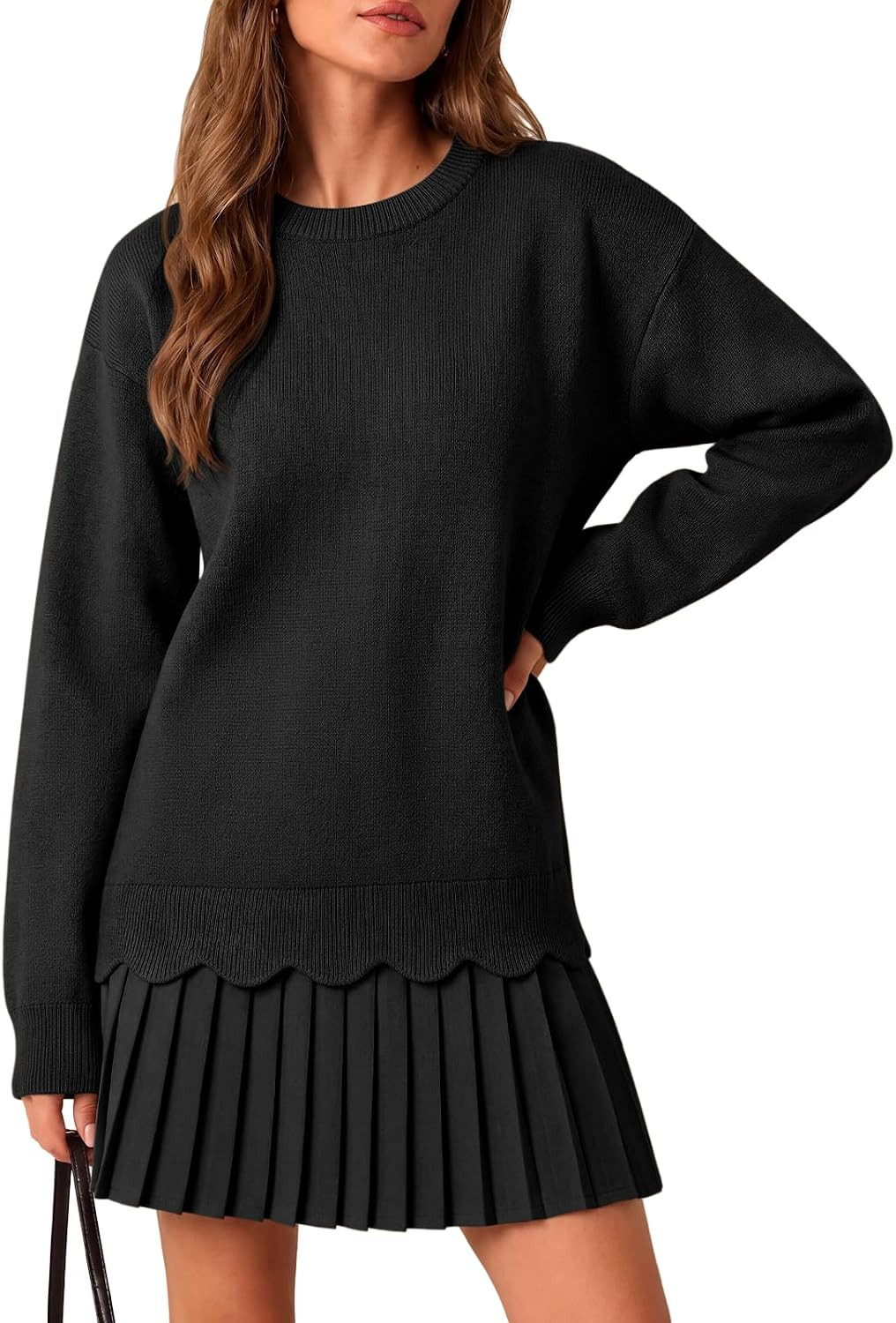 Saodimallsu Womens Pleated Sweater Dress Long Sleeve Crewneck Trendy Cute Loose Knit Fall Mini Dresses | Amazon (US)