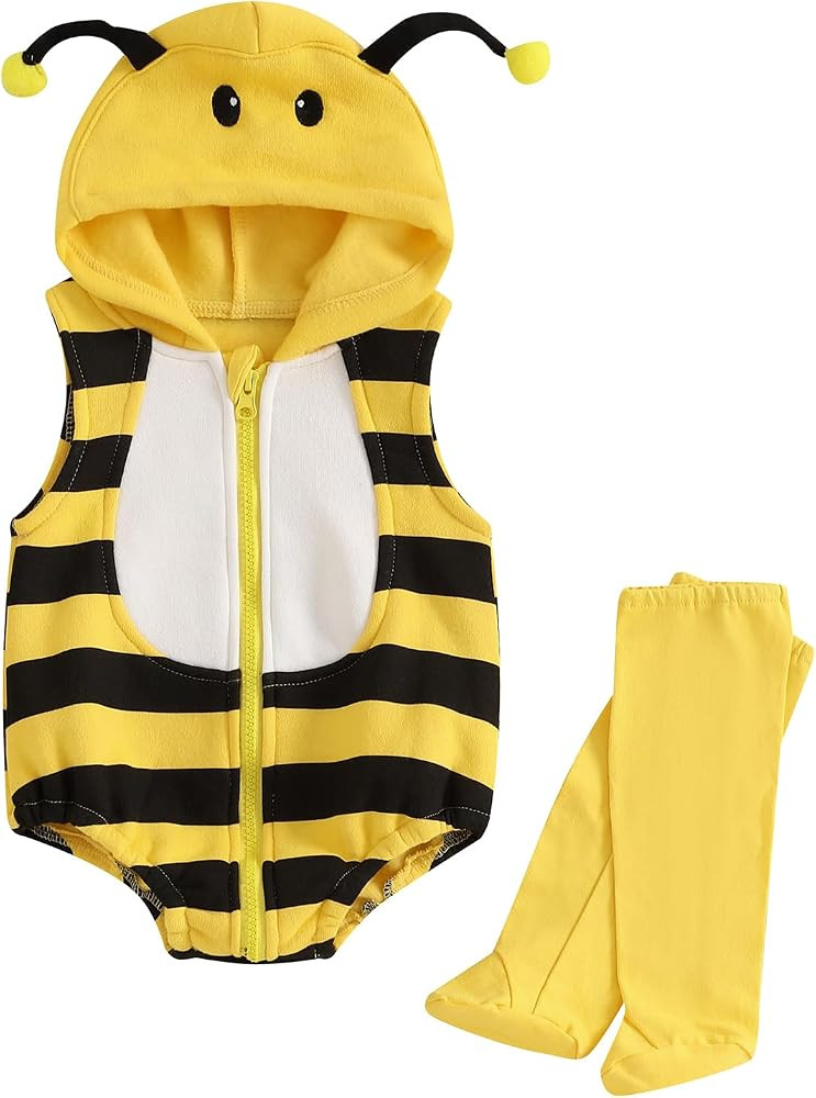 Baby Halloween Costumes Bee/Pumpkin/Ghost Costume Zipper Hooded Sleeveless Romper Stockings Infan... | Amazon (US)