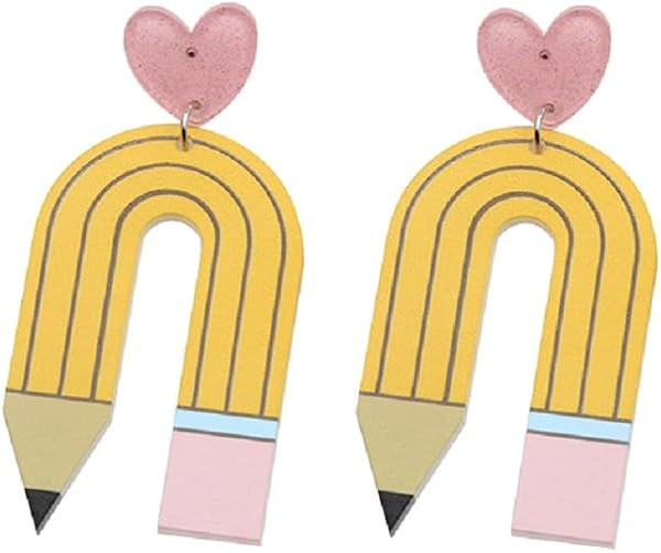 Teacher Earrings for Women Wooden Pencil Drop Earrings Acrylic U-shaped Leopard Rainbow Pencil Da... | Amazon (US)