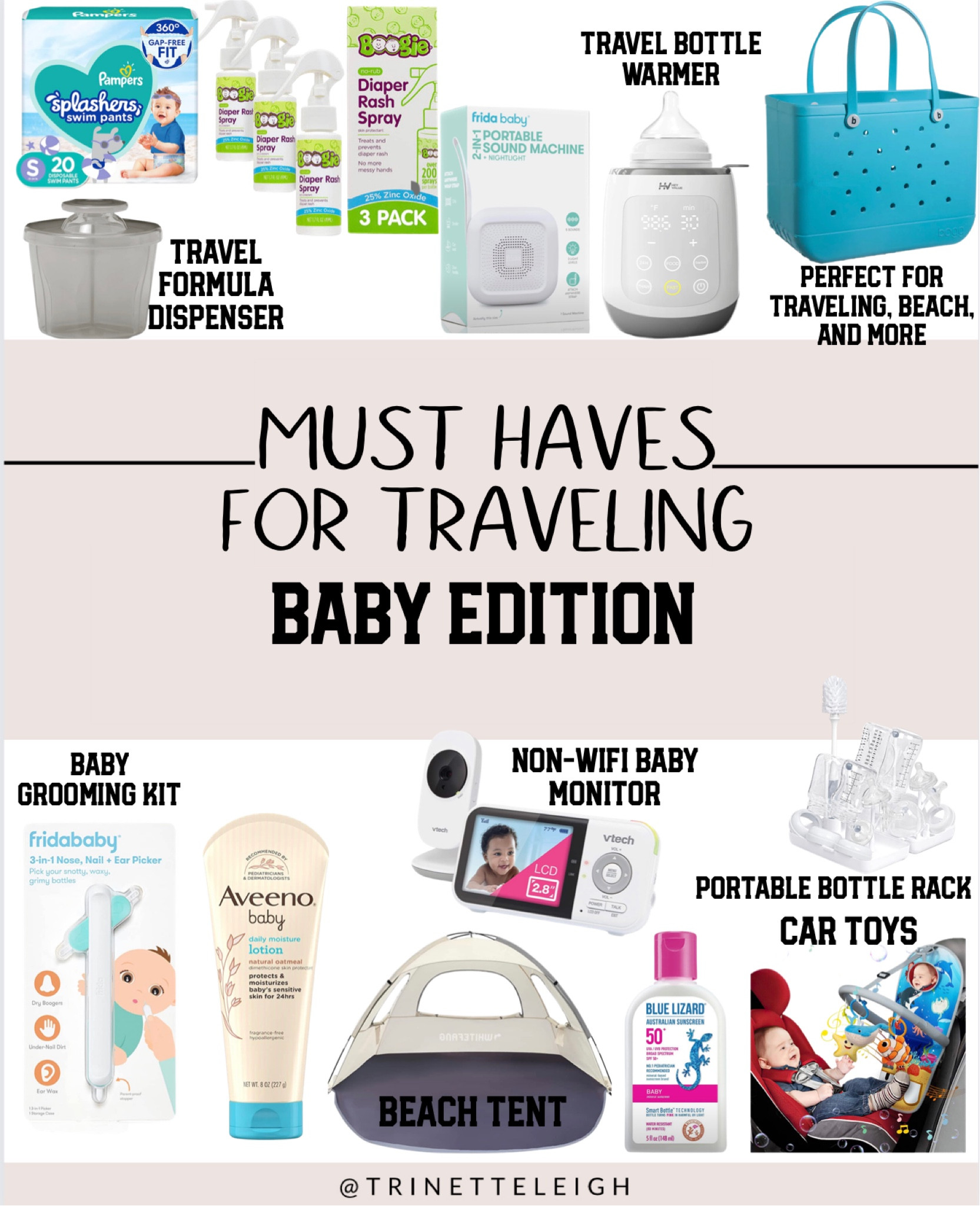 Must haves for traveling: baby edition. Baby swim diapers. Baby formula dispenser. Portable bottle warmer. Bogg bag. Bag for traveling and beach. Portable sound machine and night light. Diaper rash spray. Portable bottle rack. Car toys for baby. Car seat toys. Mineral sunscreen for baby. Non-WiFi baby monitor. Baby tent. Tent for beach. Grooming kit for baby. 

#LTKkids #LTKbaby #LTKtravel