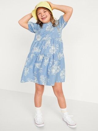 Short-Sleeve Tiered Floral Chambray All-Day Dress for Girls | Old Navy (US)