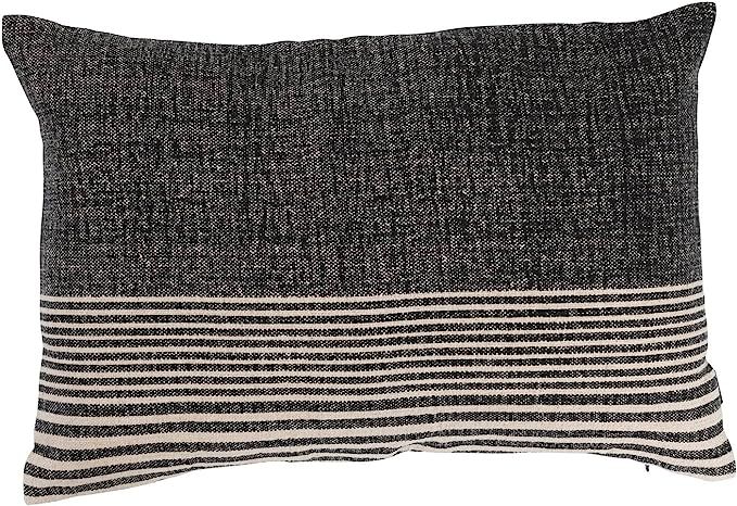 Creative Co-Op Cotton Blend Slub Lumbar Stripes and Leather Tab Pillow, 20" L x 14" W x 2" H, Bla... | Amazon (US)