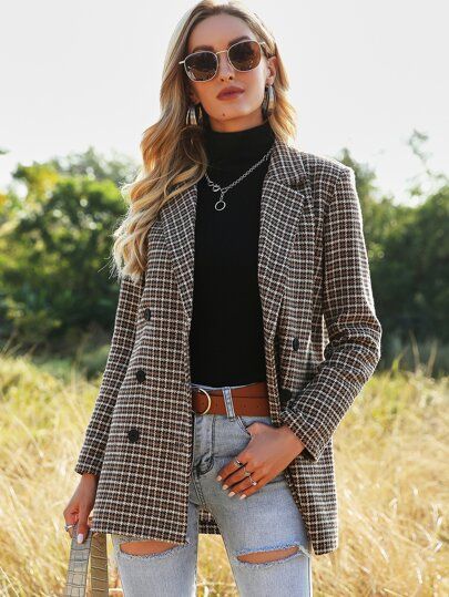 Wool-mix Plaid Double Breasted Blazer | SHEIN