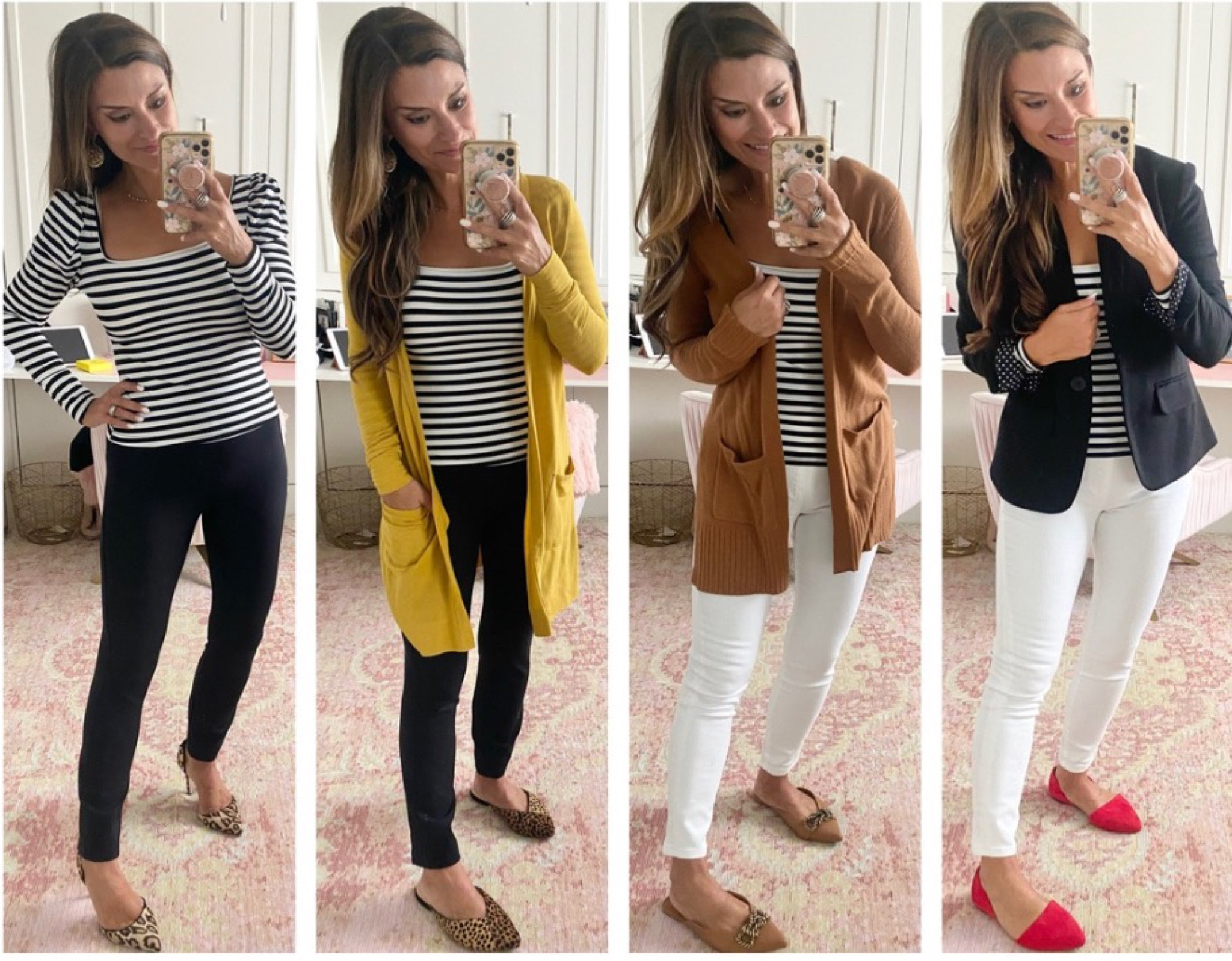 How to style a striped shirt - Use code 10JUSTPOSTED to save 10% off my top. Size up if in between in the shirt, Wearing a small, but the M would have fit better. Everything else is true to size. Wearing a small/4 in the bottoms and blazer. Cardigans and red shoes linked are similar ones. 

#LTKunder100 #LTKunder50