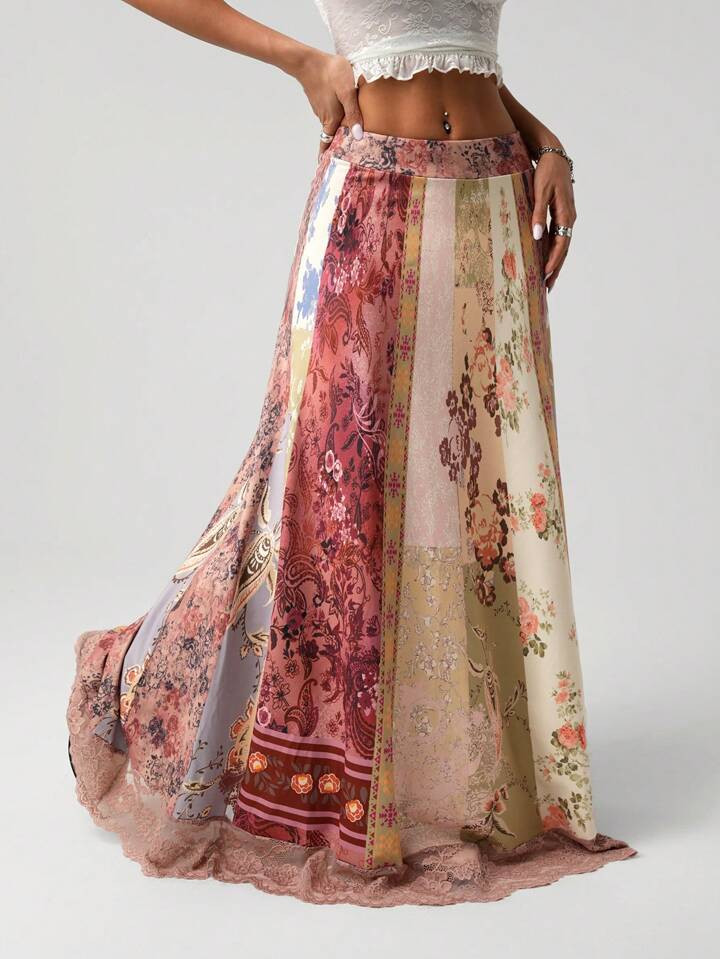 SHEIN ICON Women's Vintage Patchwork Print A-Line Hem Casual Lace Patchwork Long Skirt | SHEIN