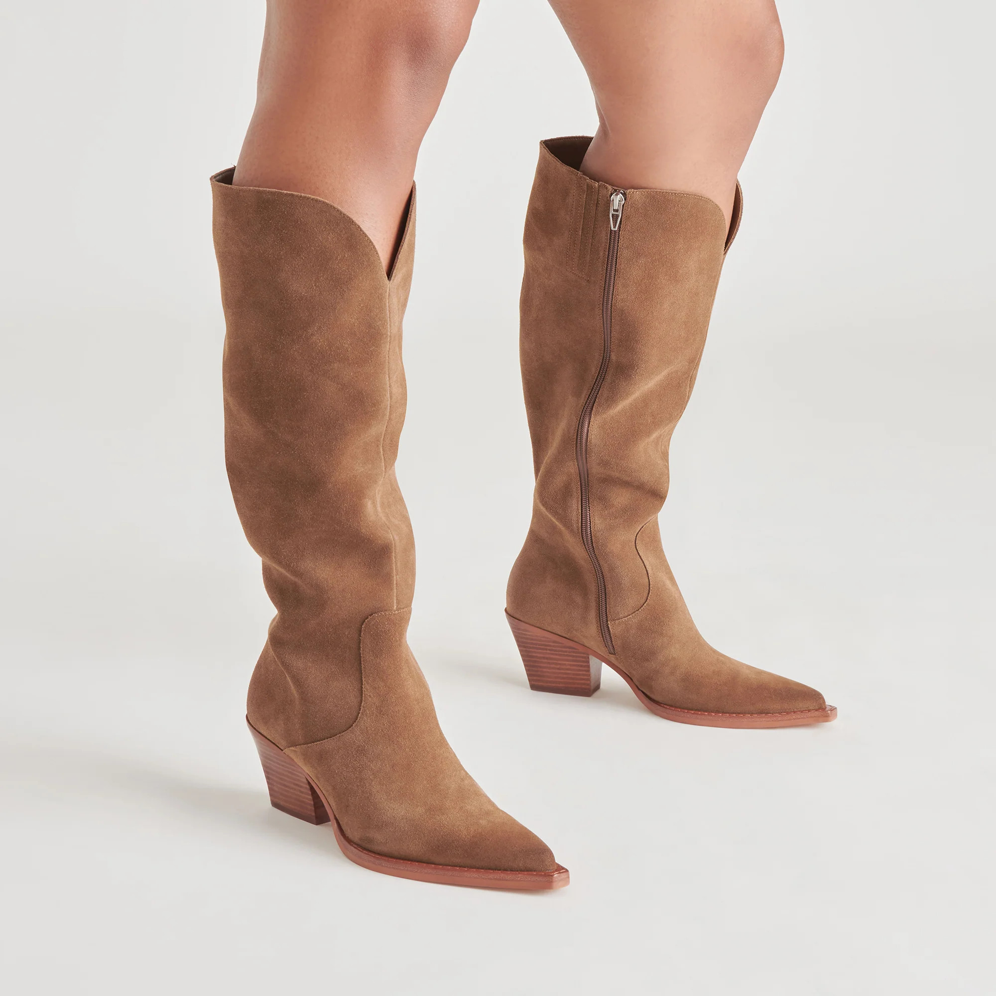 RAJ Wide Calf Boots Brown Suede | Women's Brown Suede Knee-High Boots | DolceVita.com