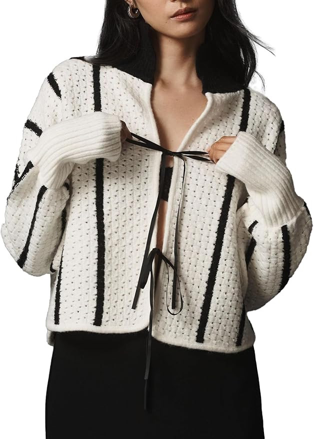 Ladyful Women's Tie Front Striped Cardigan Sweater Cropped Long Sleeve Crochet Tops Loose Ribbed ... | Amazon (US)