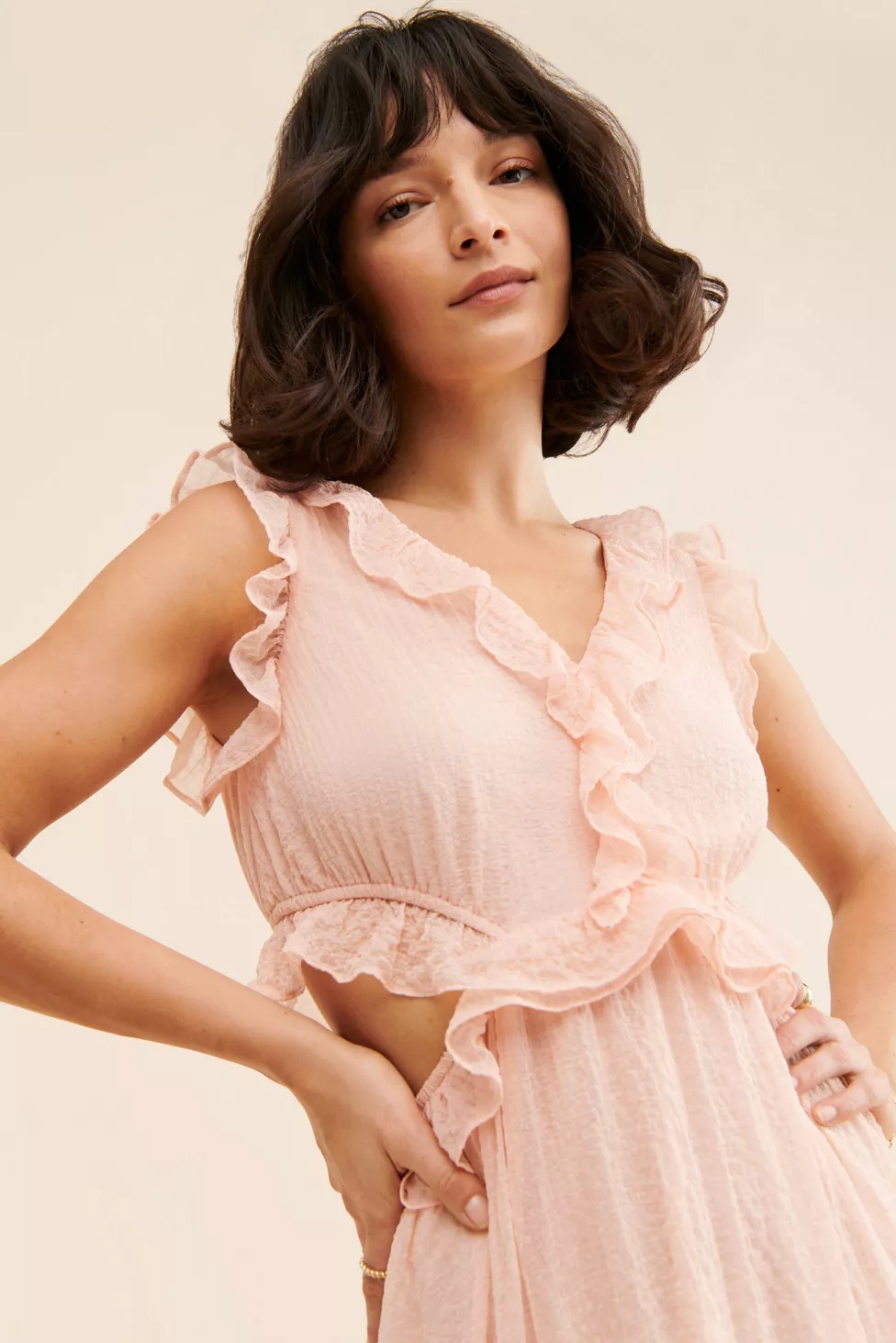 Moon River Ruffle Cutout Shirred Dress | Urban Outfitters (US and RoW)