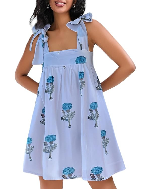 Women Boho Floral Mini Dress Tie Shoulder Babydoll Dress Square Neck Flowy Sundress Summer Going ... | Amazon (US)