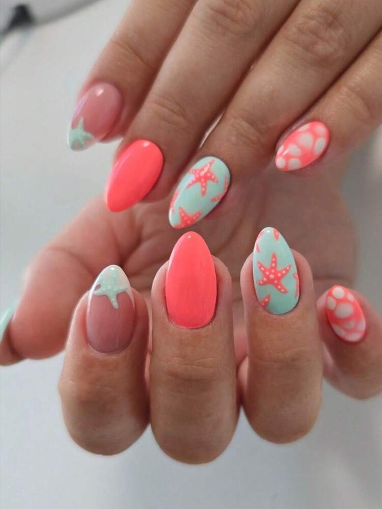 24pcs Summer Starfish & Mushroom Nail Stickers, Oval Fresh Fake Nails, Vibrant Summer Style Combi... | SHEIN