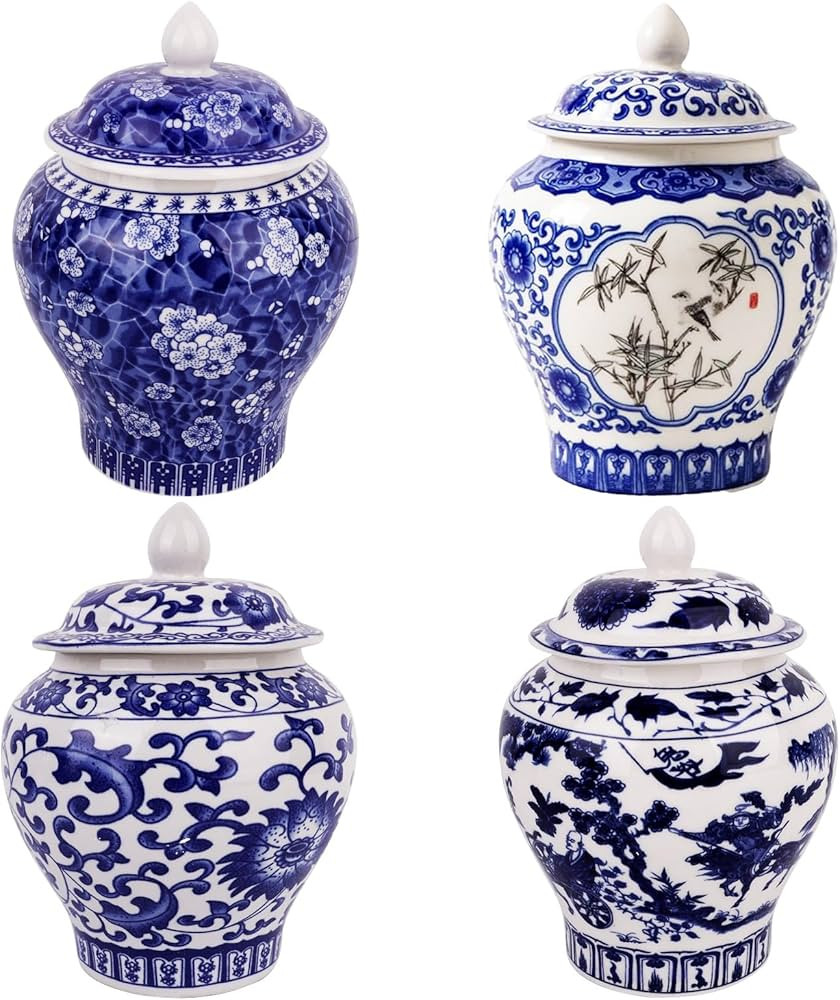 Set of 4 Blue and White Porcelain Vases, Chinoiserie Ginger Jars | Amazon (US)