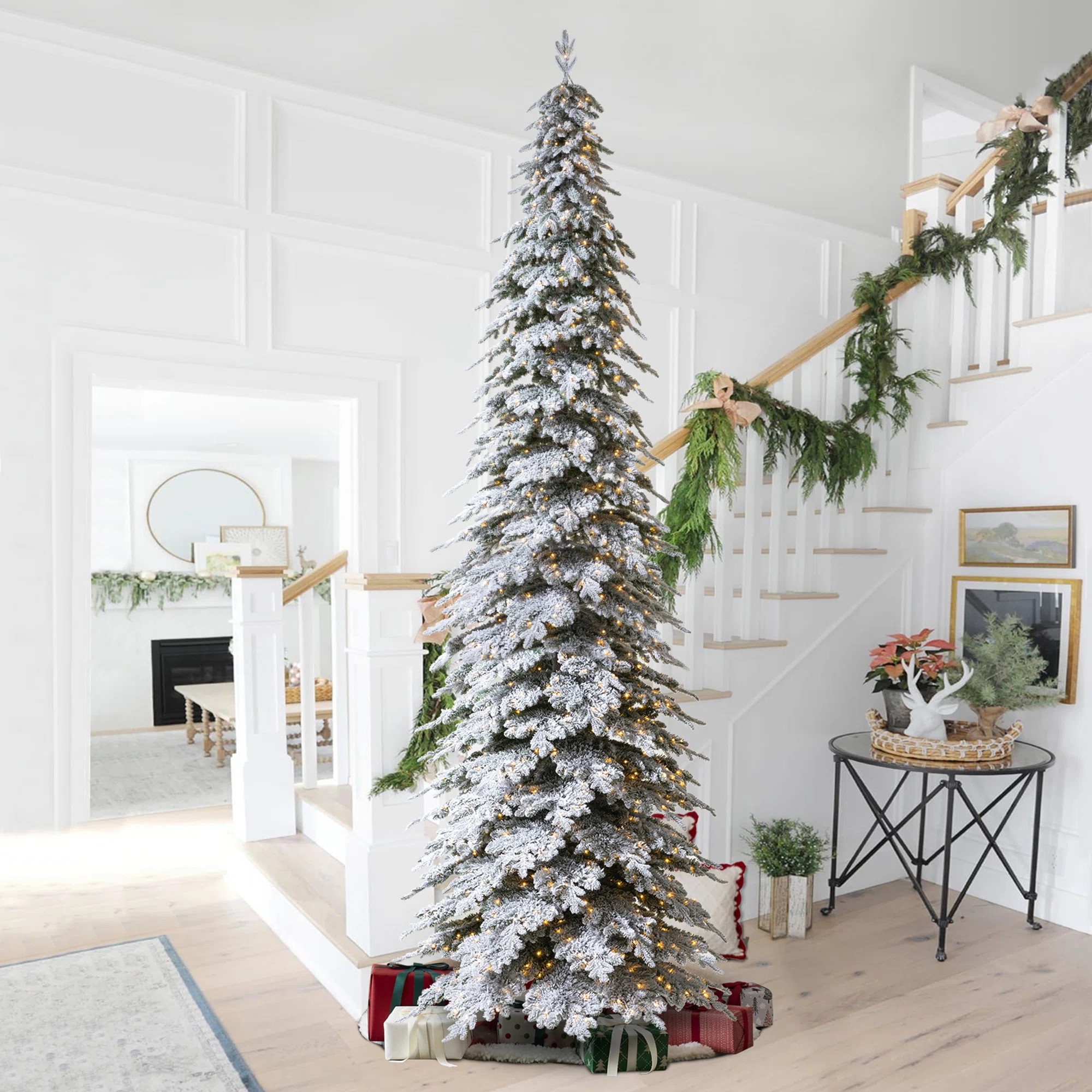15‘ Pre-Lit Flocked Pencil Spruce Artificial Christmas Tree With 1400 Lights | Wayfair North America