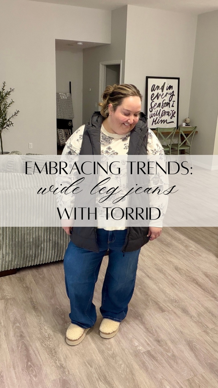 Trying to embrace wide leg jeans y’all. Be honest, what do we think? Honestly this is the best fitting pair I’ve found! 

Are you team skinny jeans or wide leg jeans? 

Pair this long puffy vest with your favorite crewneck to be cozy this winter! 

#rebekahelizstyle 

#LTKPlusSize #LTKootd