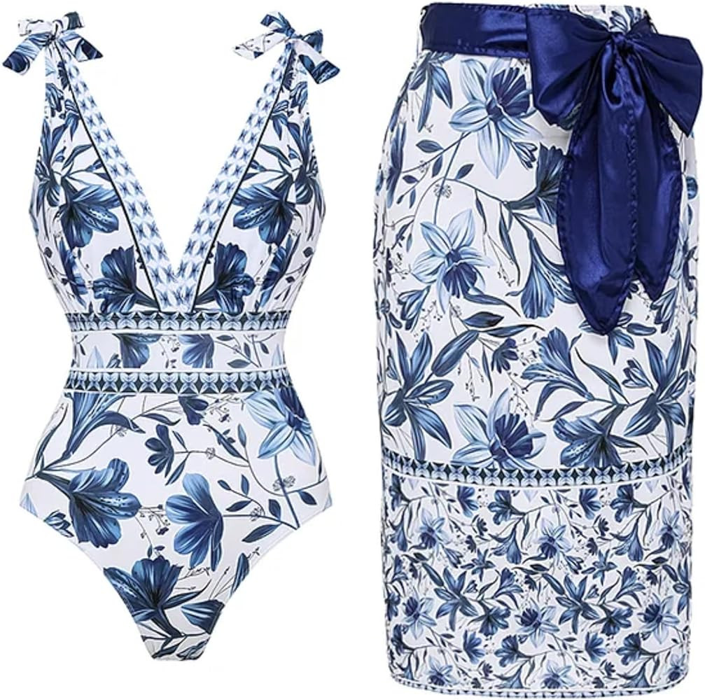 FLAXMAKER Blue and White Adjustable Shoulder Strip Plant Prints One Piece Swimsuit and Skirt/Saro... | Amazon (US)
