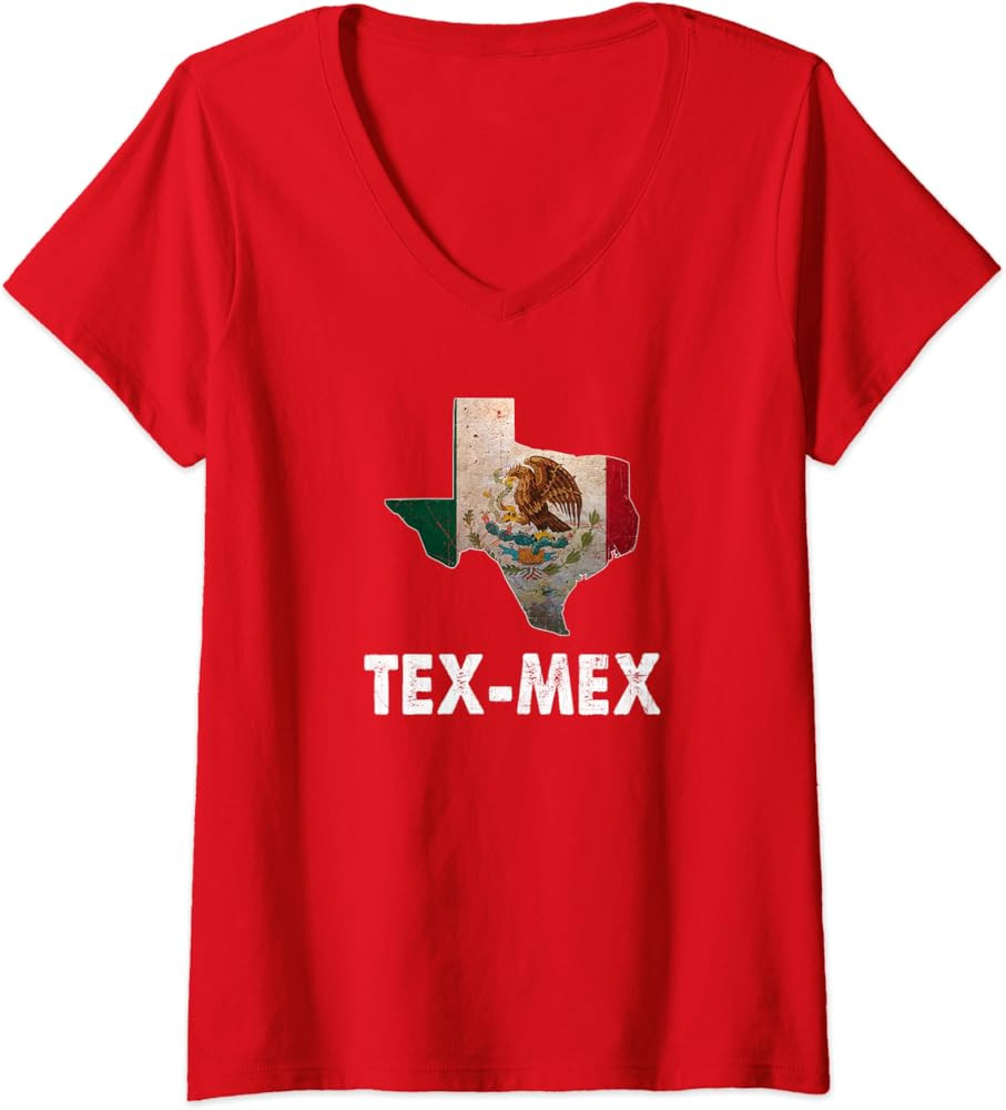 Womens Tex-Mex Texas State with Mexico Flag - Mexican Food Lover V-Neck T-Shirt | Amazon (US)