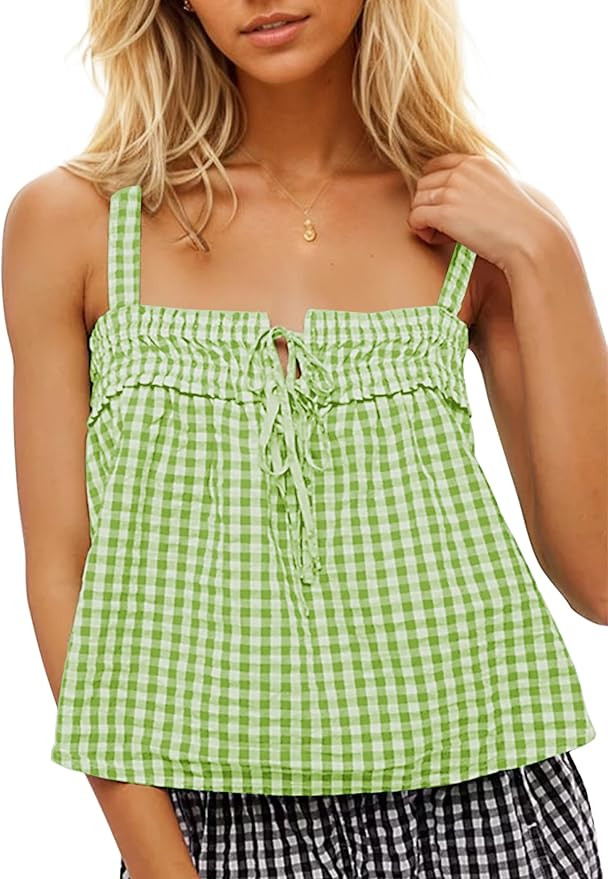 Burtell Women Cute Tie Front Plaid Crop Tank Tops Square Neck Sleeveless Gingham Camisole Tops Su... | Amazon (US)