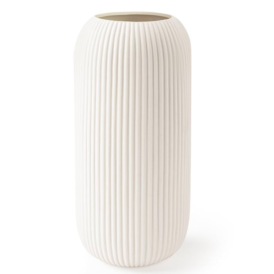 White Ceramic Vase for Flowers, 8 INCH Modern Small Ribbed Textured White Flower Vase for Home De... | Amazon (US)