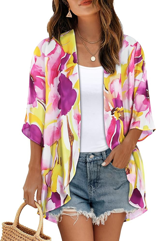 Women's Floral Print Puff Sleeve Kimono Cardigan Loose Cover Up Casual Blouse Tops 2026 | Amazon (US)