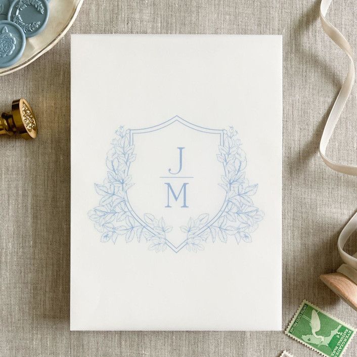 Custom dusty blue crest and initials vellum wrap for invitations | Set of 10 | Minted