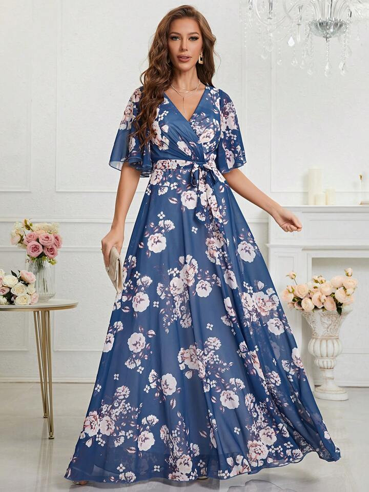 Floral Print Butterfly Sleeve Belted Dress | SHEIN