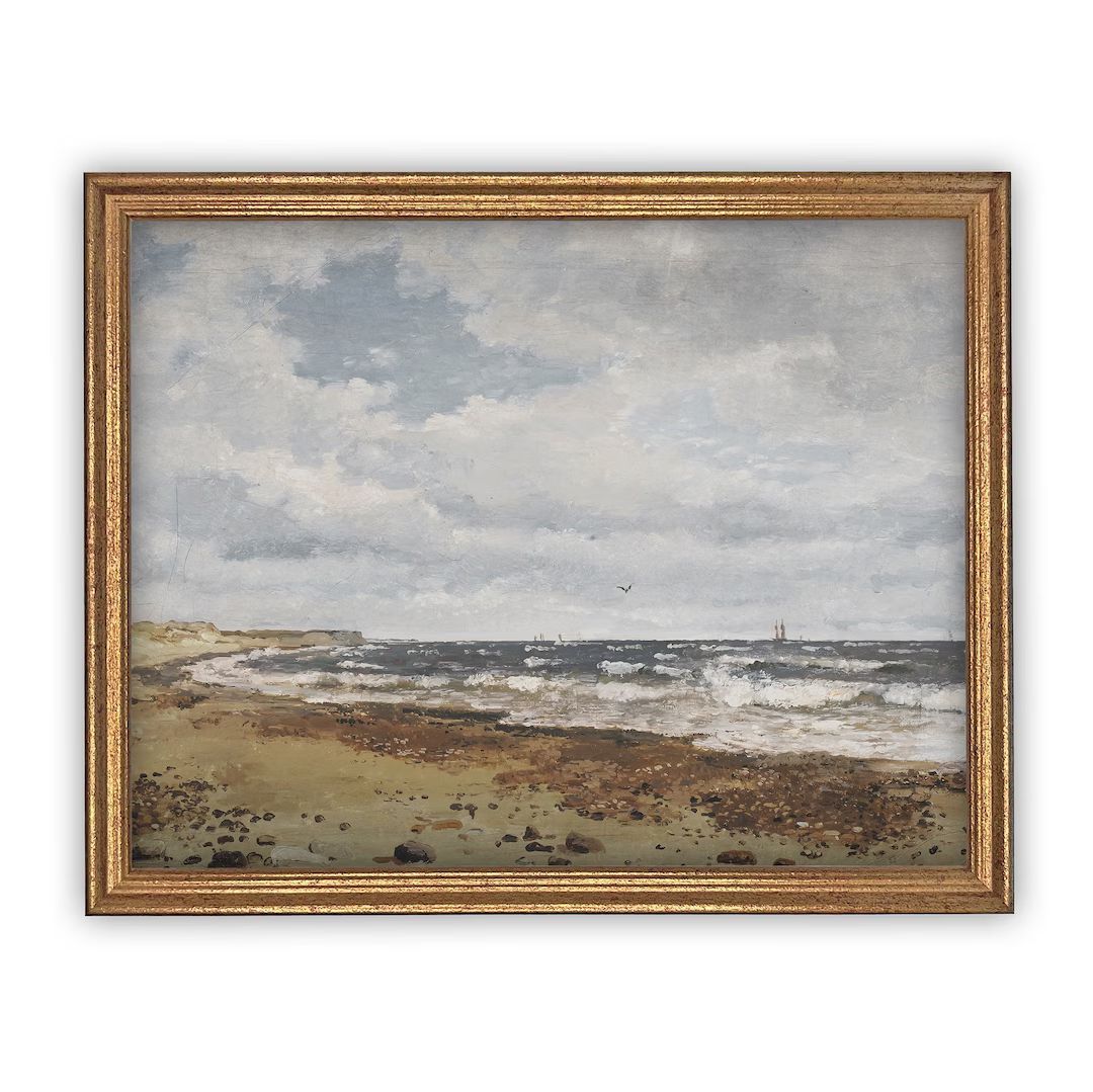 Vintage Framed Canvas Art // Framed Vintage Print // Seascape Coastal Beach Vintage Oil Painting ... | Etsy (US)