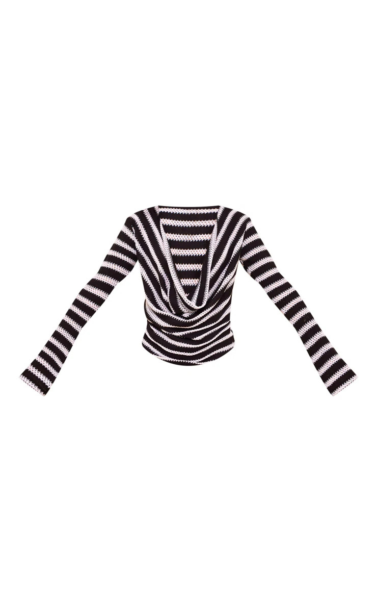 White Striped Textured Rib Long Sleeve Drape Top | PrettyLittleThing US