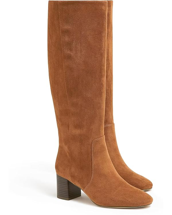 Coutgo Womens Chunky Heel Knee High Boots Suede Round Toe Fall Winter Tall Boots with Side Zipper | Amazon (US)