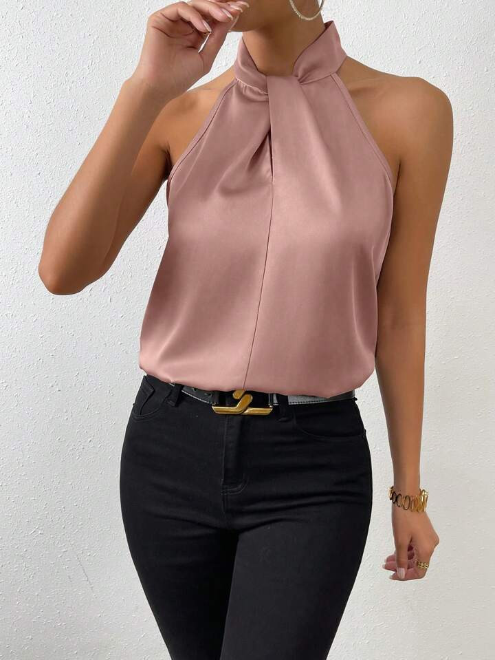 SHEIN Privé Blusa sólido torção frontal pescoço de cabresto cetim | SHEIN