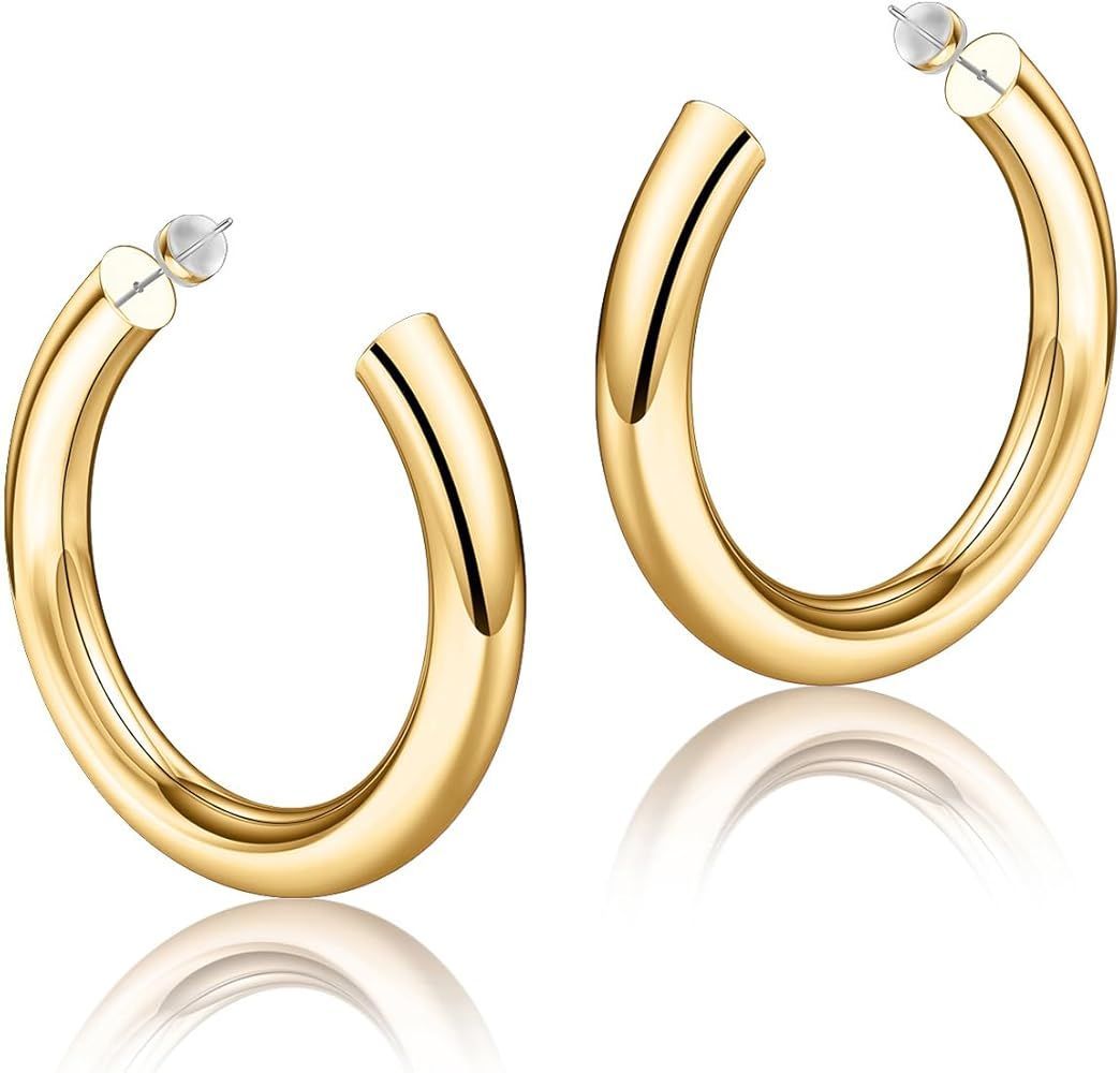 Hoop Earrings for Women - 14K Gold Plated Lightweight Chunky Open Hoops 316L Surgical Stainless Steel Post Thick Hoop Earrings Gold/White Gold/Rose Gold Hoop Earrings for Women 20/25/30/40/50/60mm | Amazon (US)
